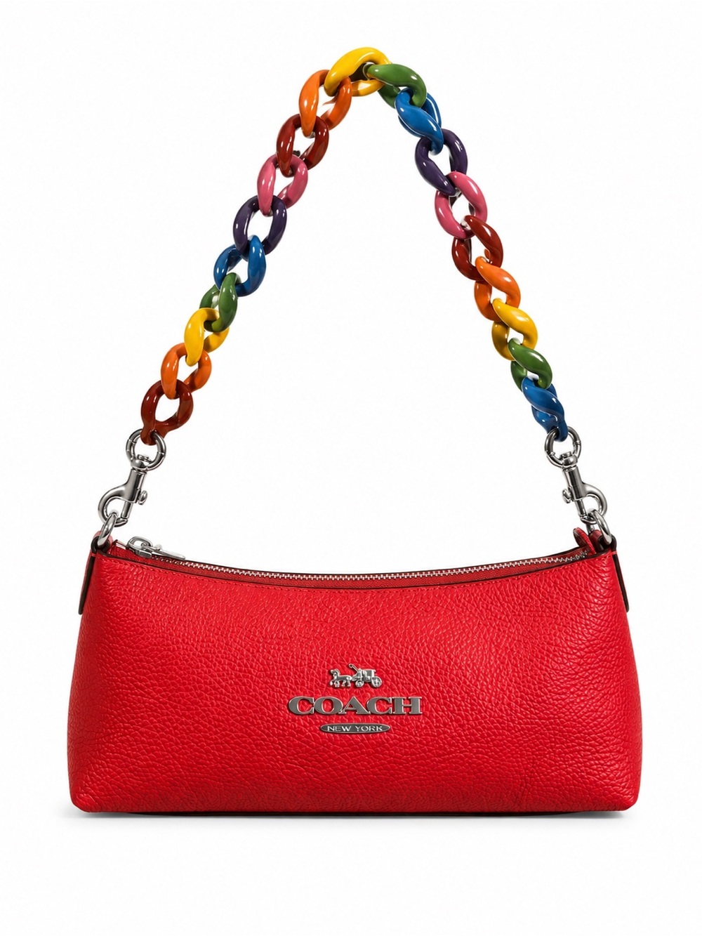 Coach Charlotte Red Leather Shoulder Bag with Multicolor Chain Strap
